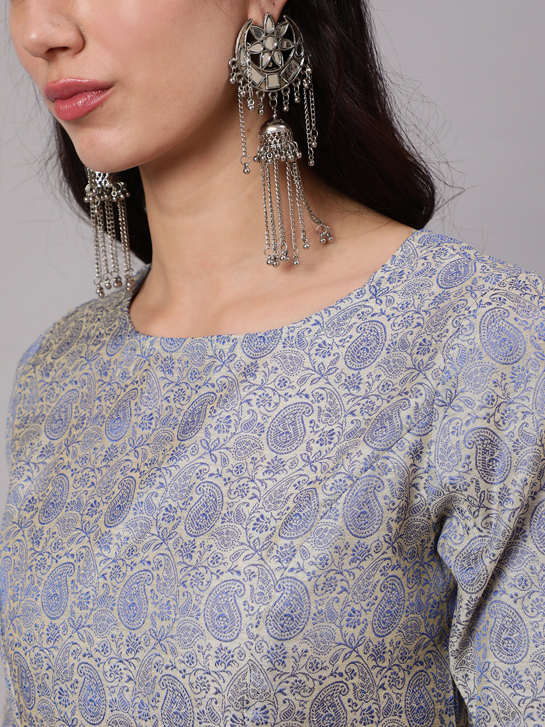 Beige Brocade A-Line Kurta