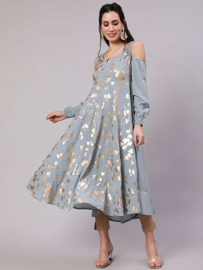 Grey Gold Print Flared Anarkali