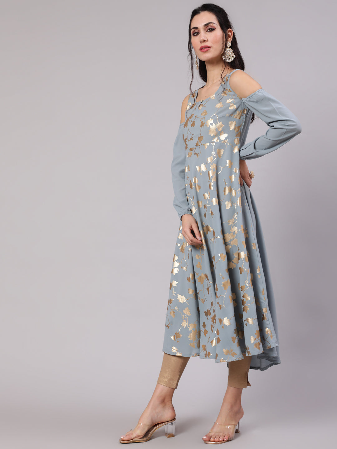 Grey Gold Print Flared Anarkali