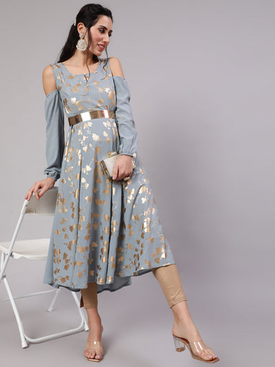 Grey Gold Print Flared Anarkali