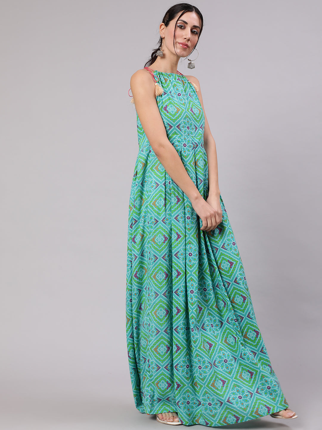 Blue Bandhani Print Box Pleated Maxi Dress