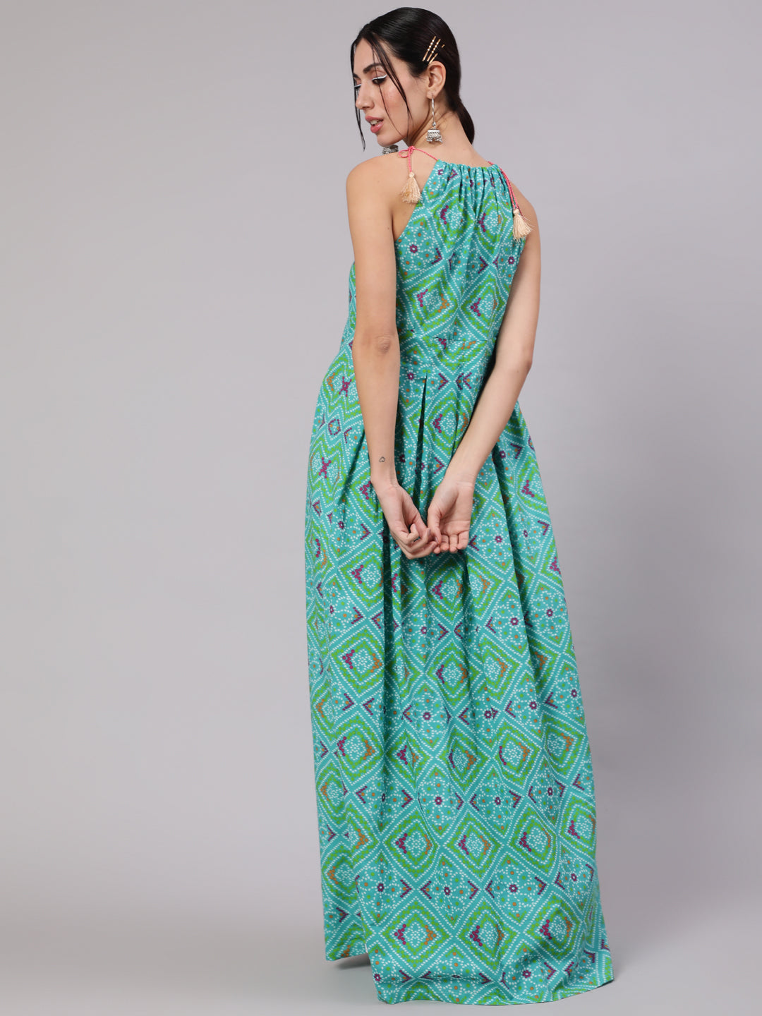 Blue Bandhani Print Box Pleated Maxi Dress