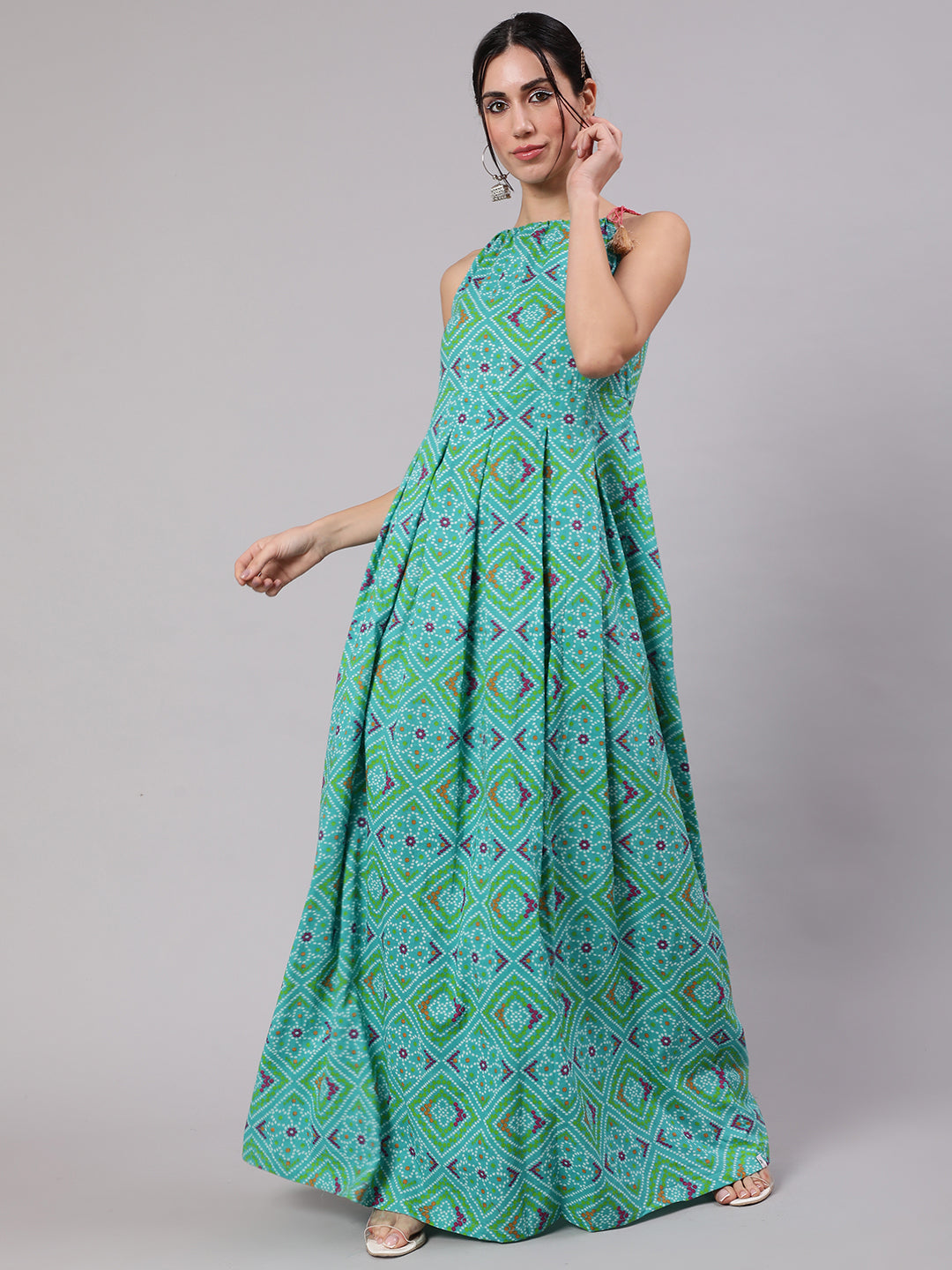 Blue Bandhani Print Box Pleated Maxi Dress