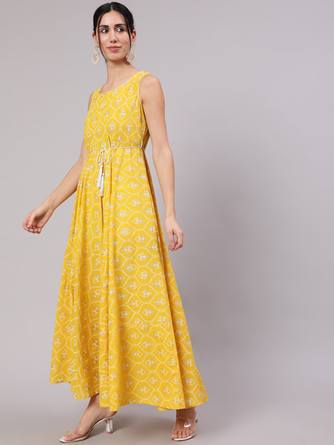 Yellow Printed Flared Maxi Dress