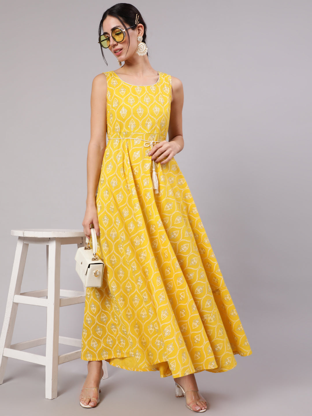 Yellow Printed Flared Maxi Dress