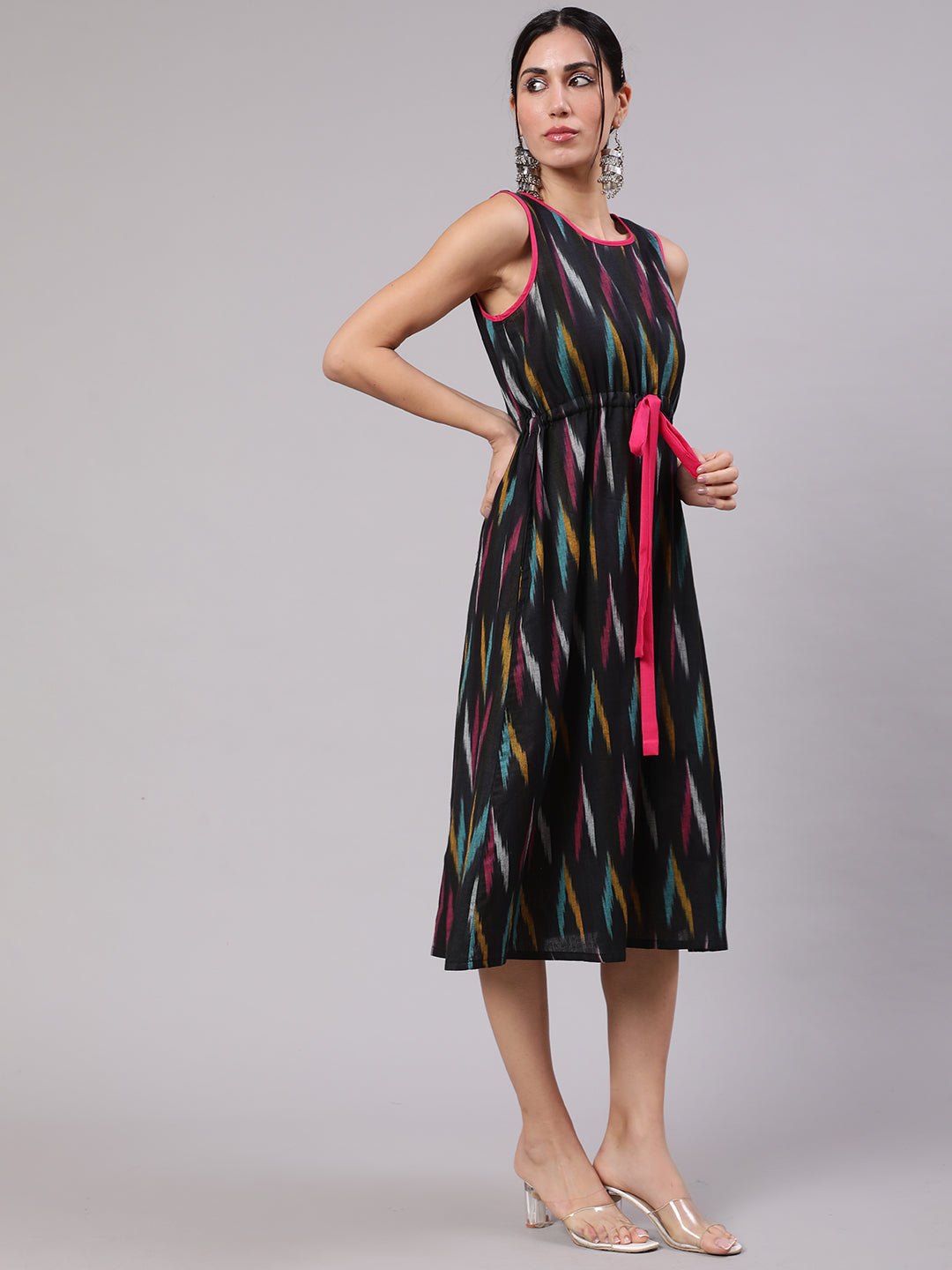 Black Ikat Print Midi Dress