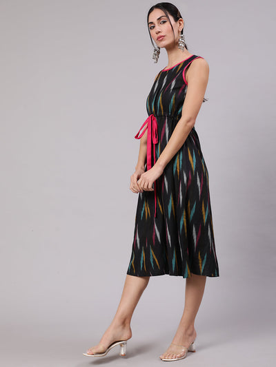 Black Ikat Print Midi Dress