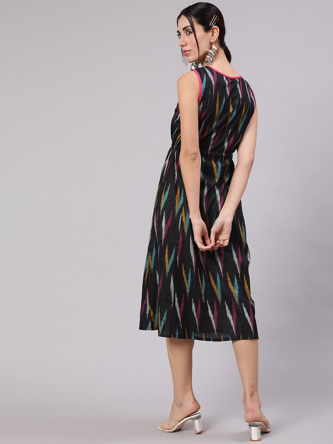 Black Ikat Print Midi Dress