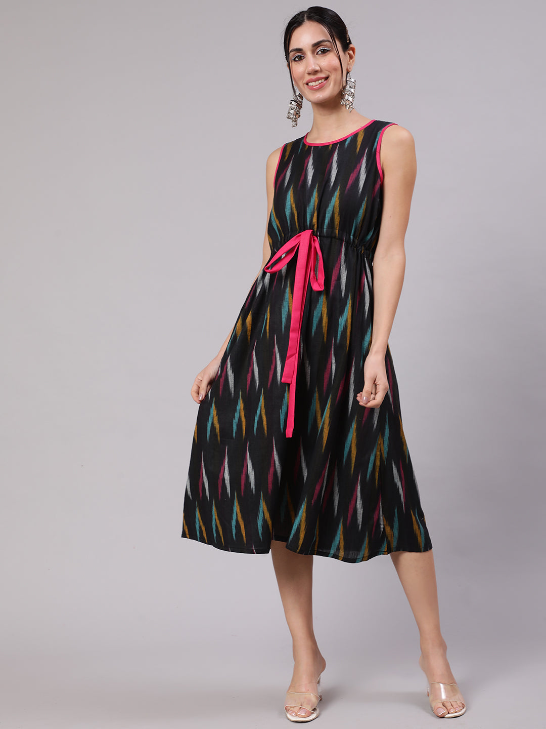 Black Ikat Print Midi Dress