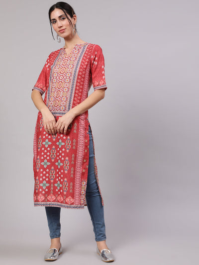 Red Digital Print Straight Kurta