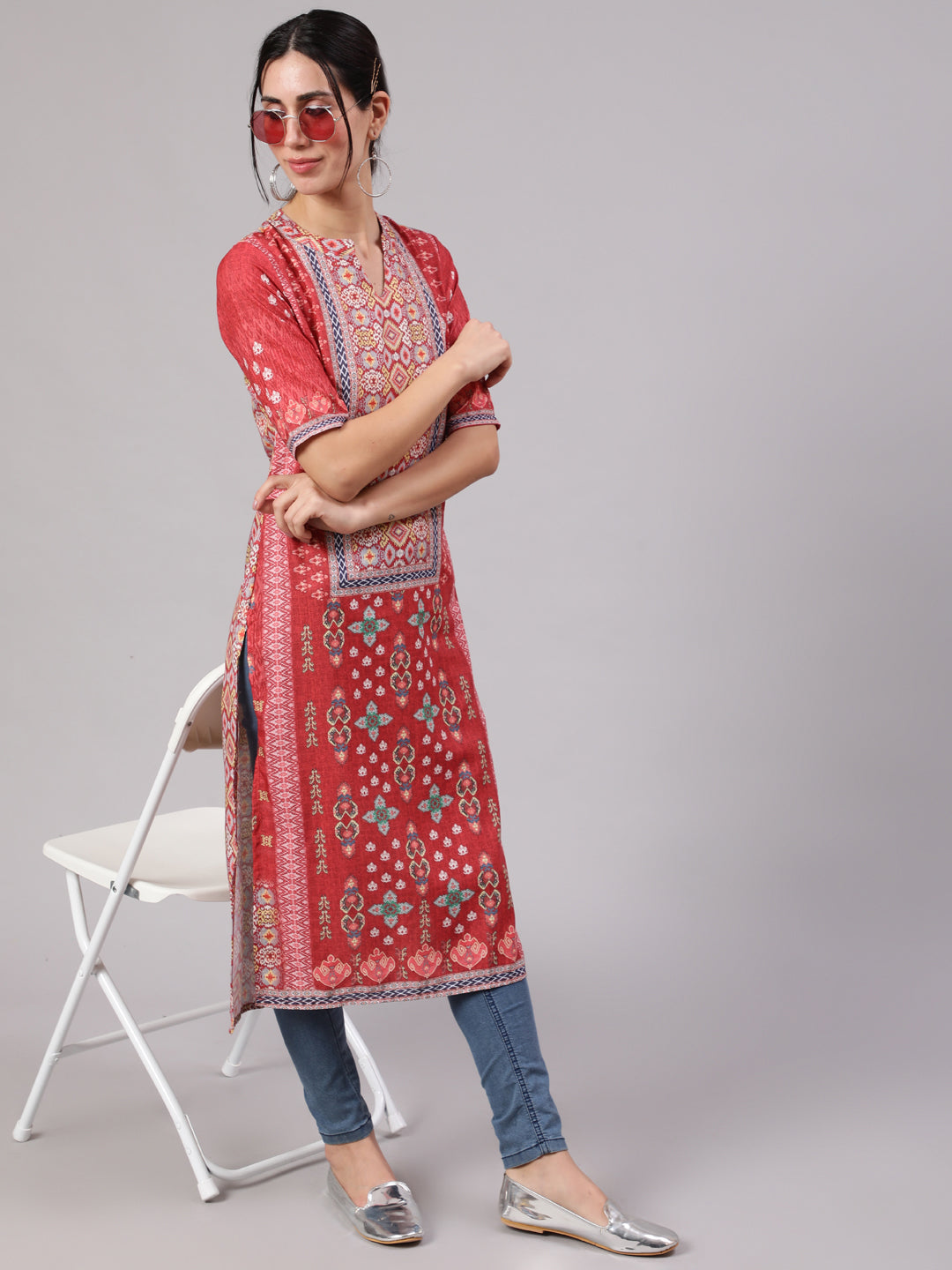 Red Digital Print Straight Kurta