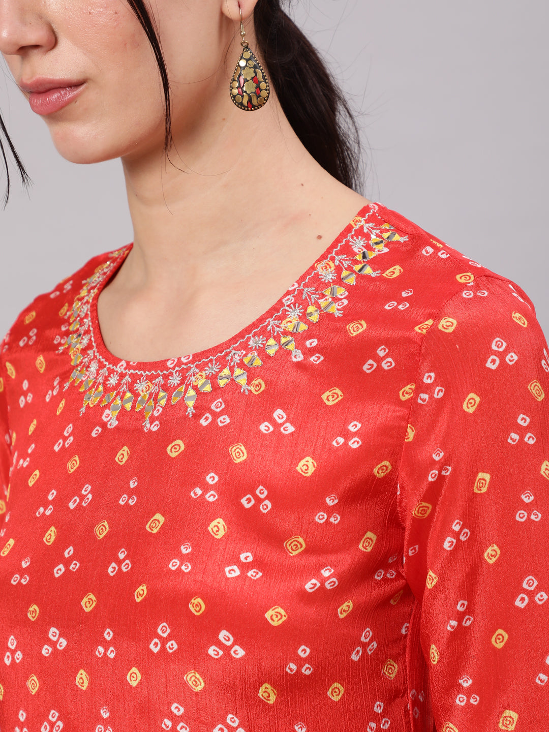 Orange Digital Print Tunic With Embroidered Neck