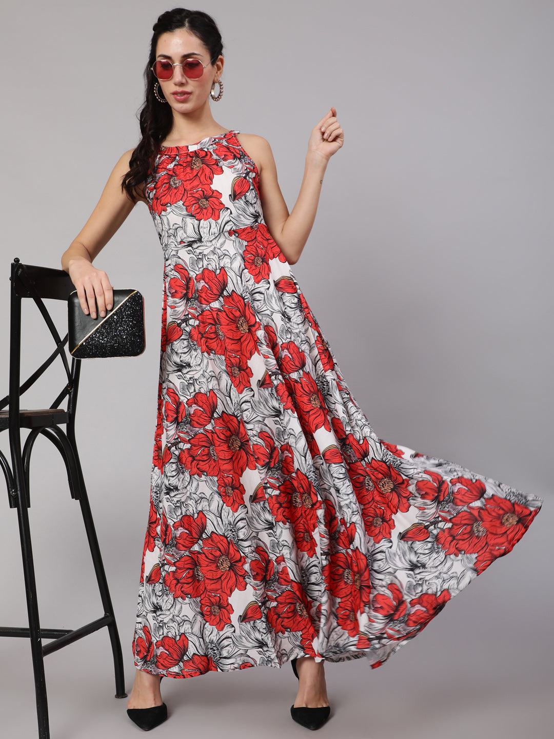 White & Red Floral Print Maxi Dress