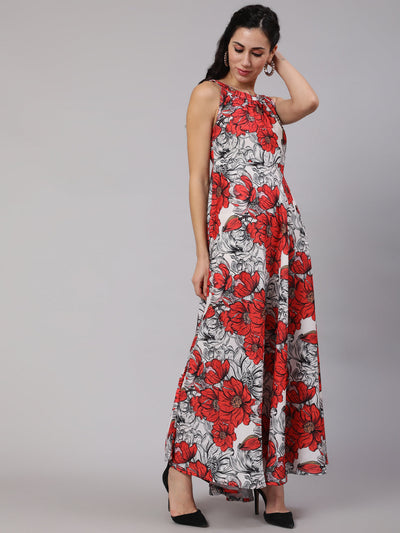 White & Red Floral Print Maxi Dress