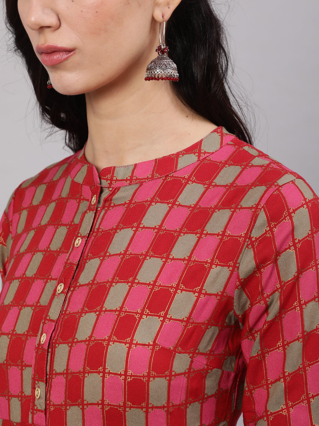 Red Gold Checked Anarkali