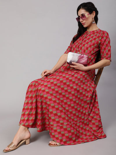 Red Gold Checked Anarkali