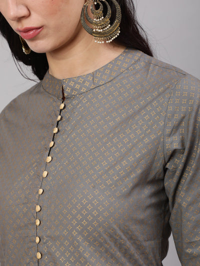 Grey Gold Print A-Line Kurta