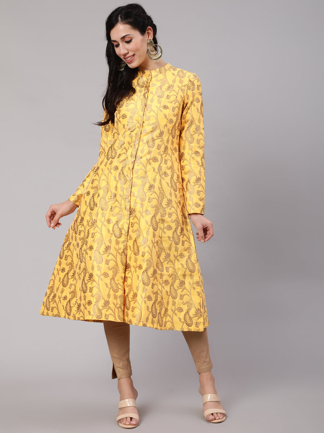 Yellow Jacquard Zari Work Button Down Kurta