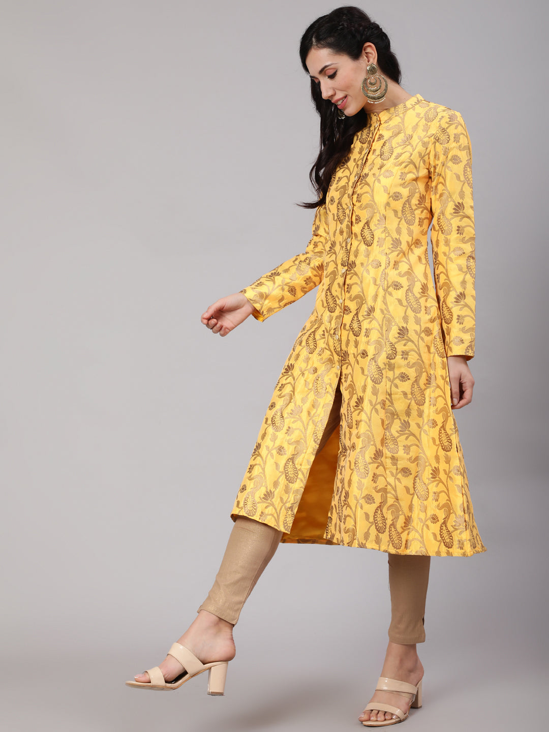 Yellow Jacquard Zari Work Button Down Kurta