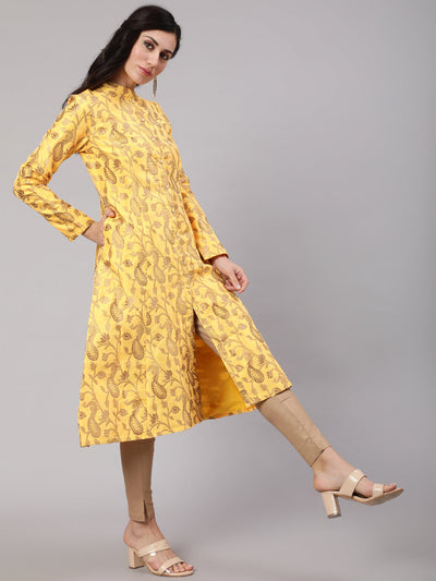 Yellow Jacquard Zari Work Button Down Kurta