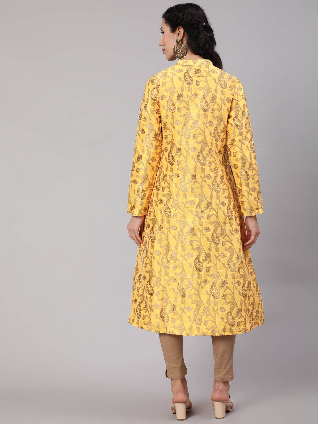 Yellow Jacquard Zari Work Button Down Kurta