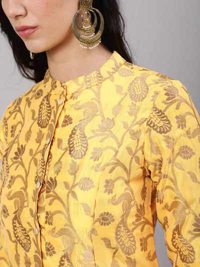 Yellow Jacquard Zari Work Button Down Kurta