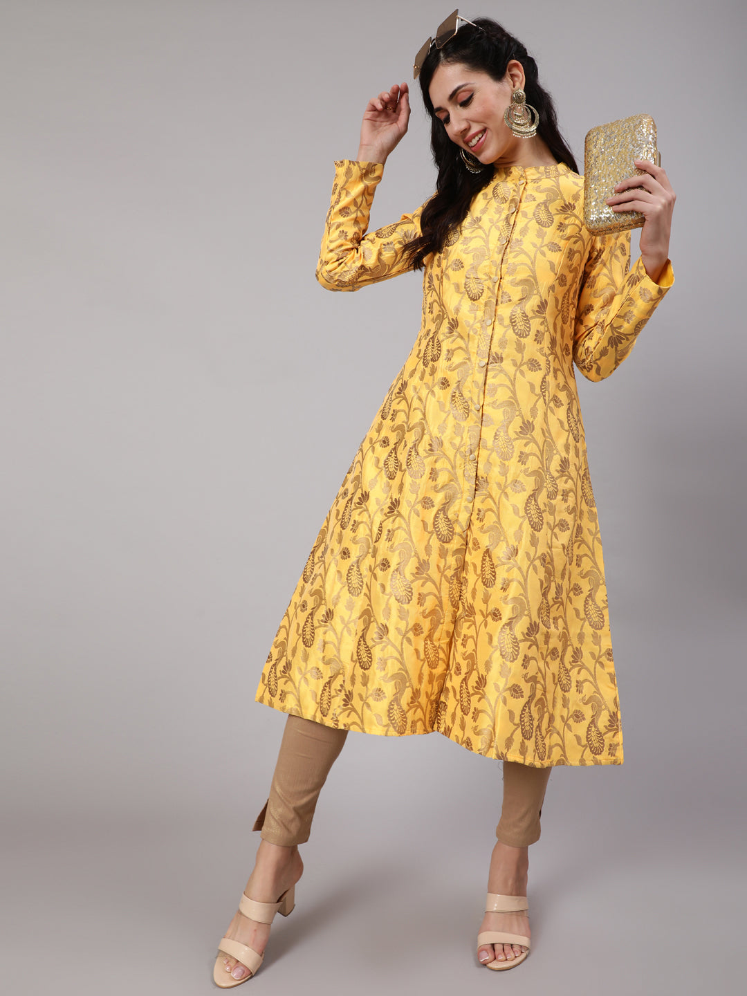 Yellow Jacquard Zari Work Button Down Kurta