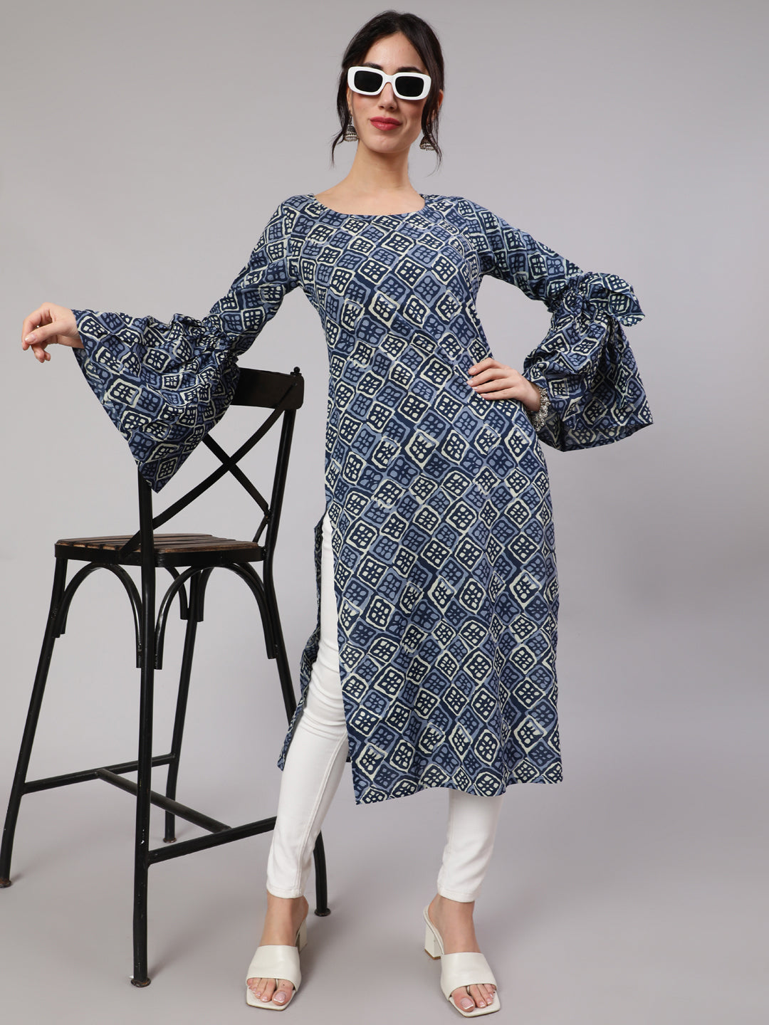 Blue & White Printed Kurta