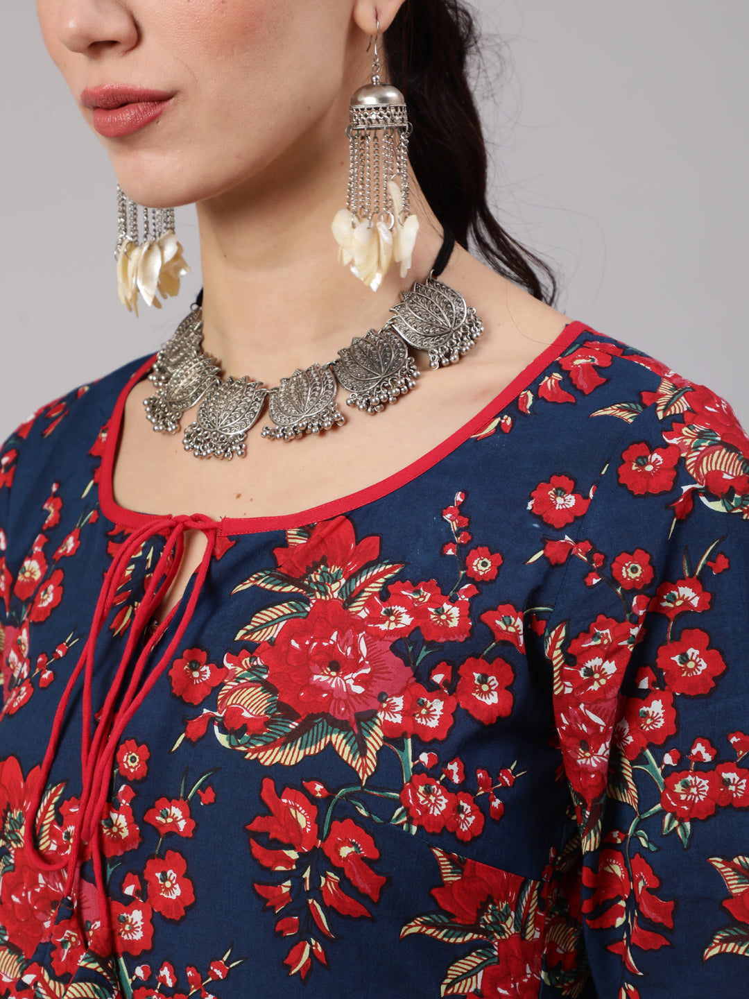 Navy Blue Floral Print Gathered Kurta