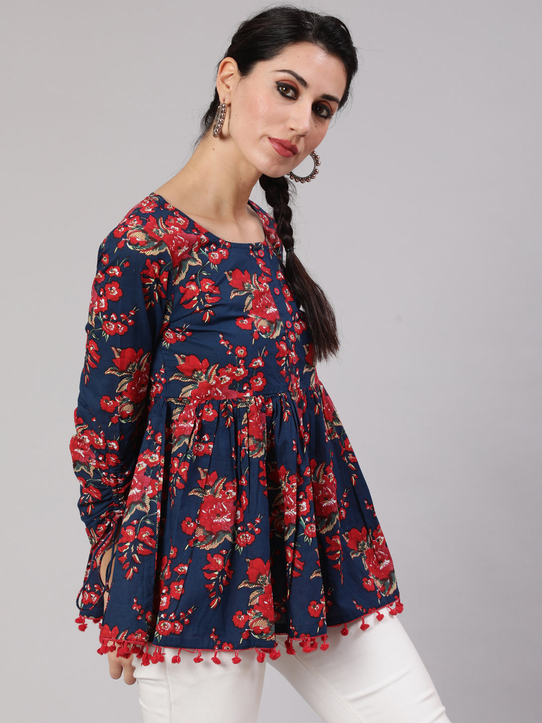 Navy Blue Floral Printed Gathered Tunic