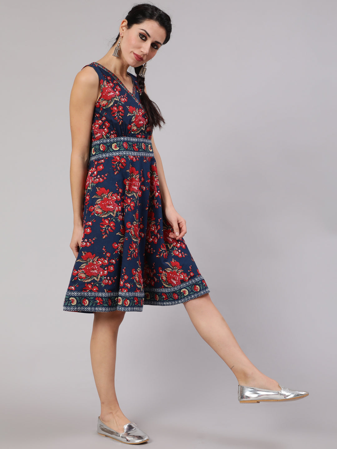 Navy Blue Floral Print Short Dress