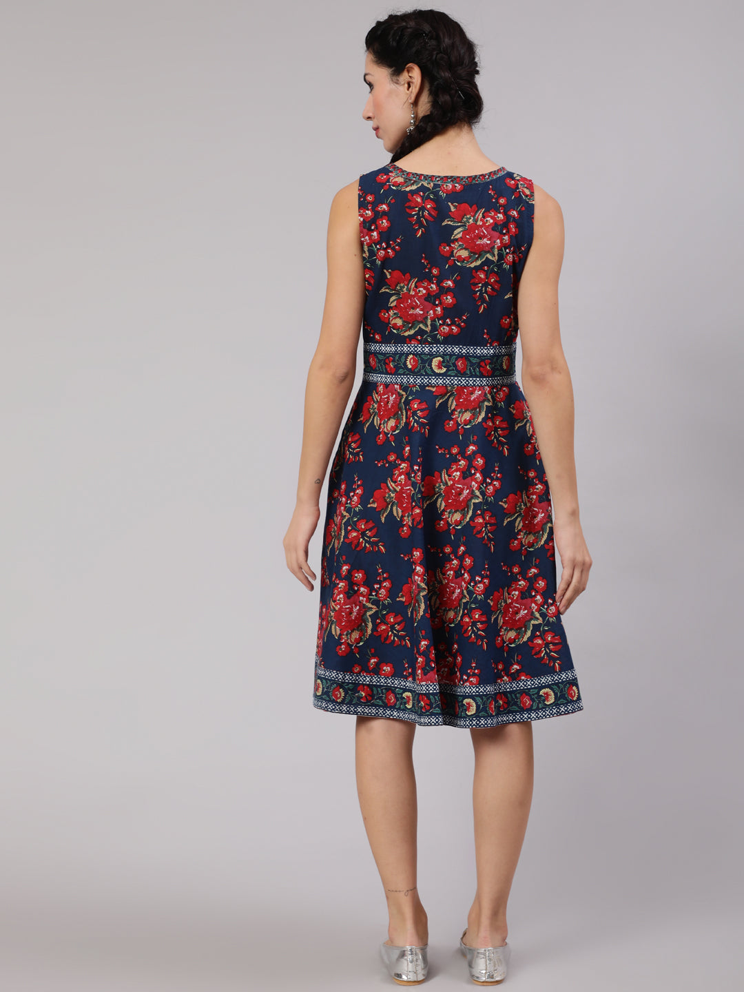 Navy Blue Floral Print Short Dress