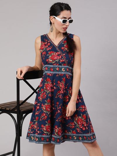 Navy Blue Floral Print Short Dress