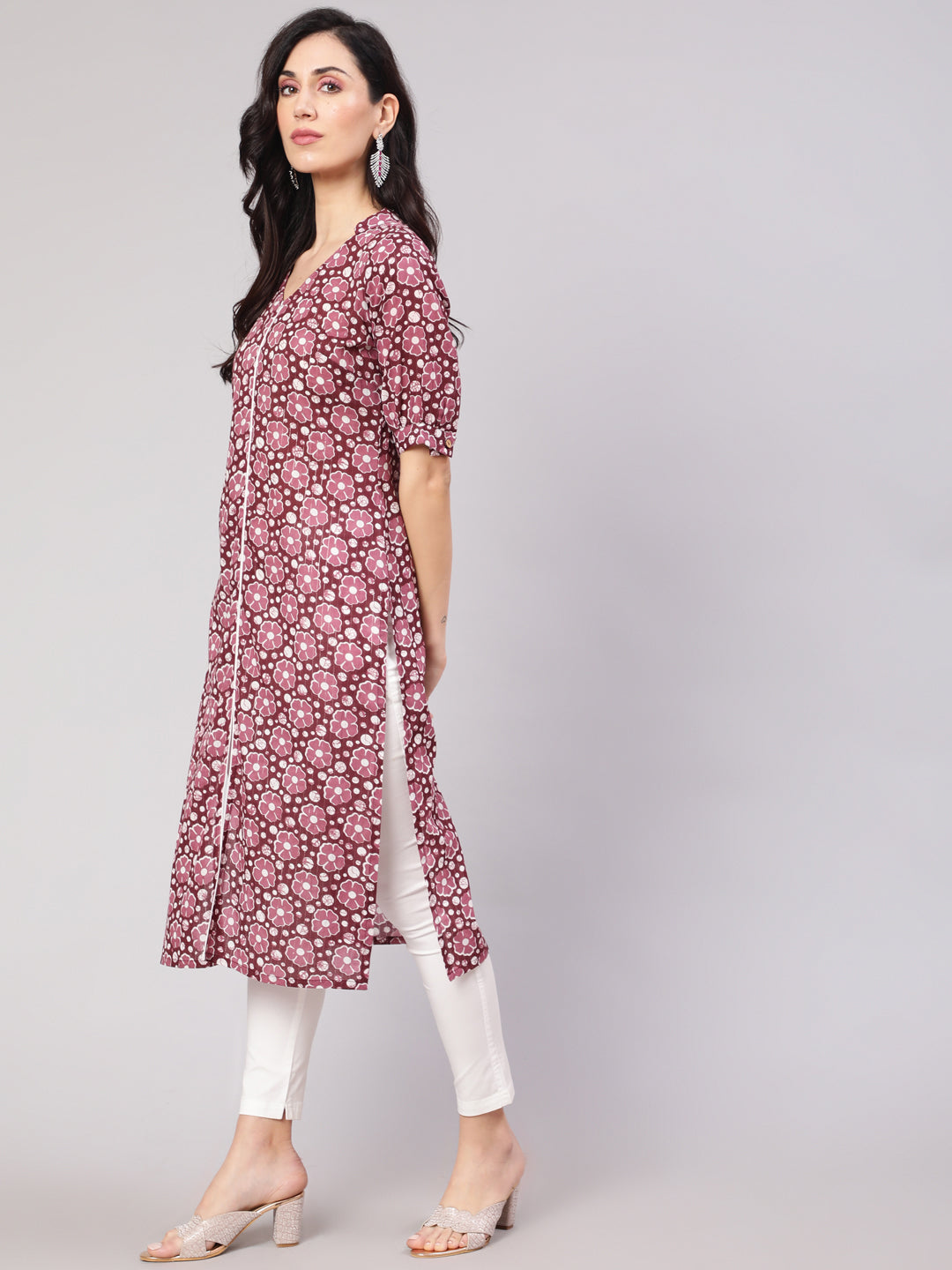 Purple Floral Print Lurex Kurta