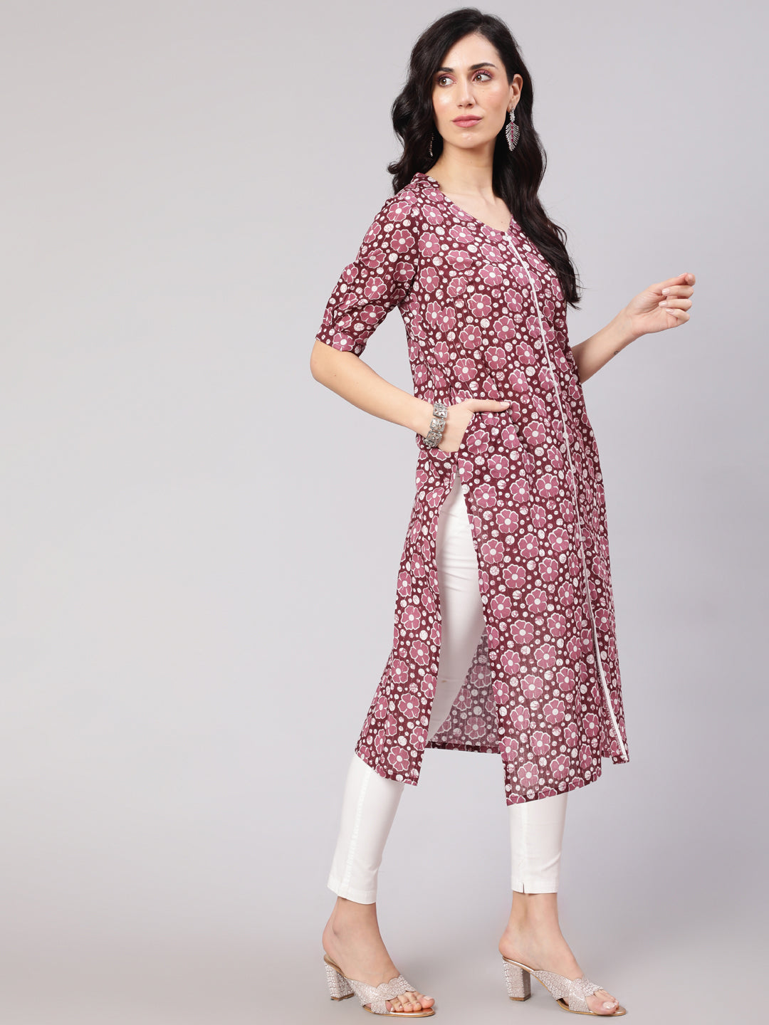 Purple Floral Print Lurex Kurta