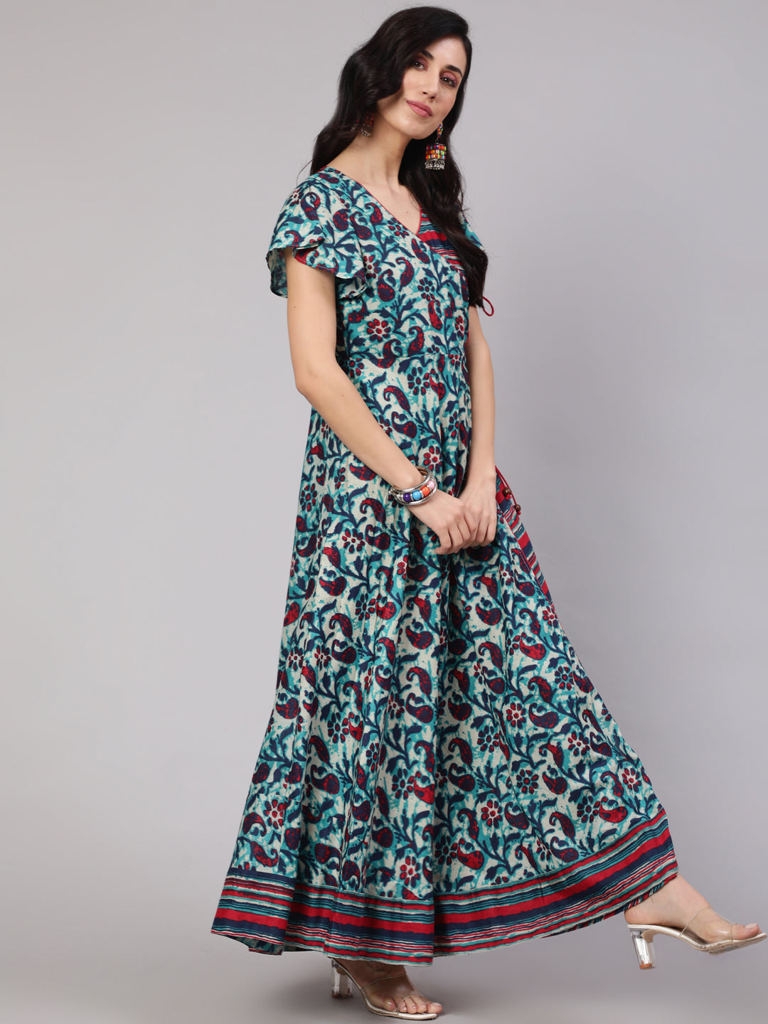 Blue Floral Print Layered Maxi Dress
