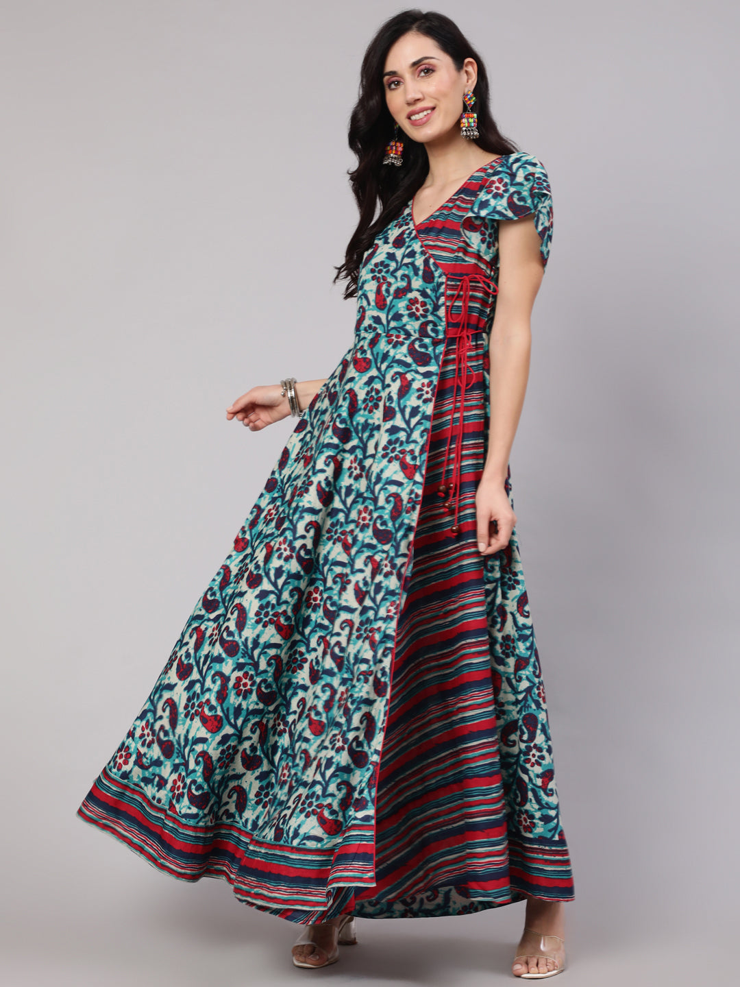 Blue Floral Print Layered Maxi Dress