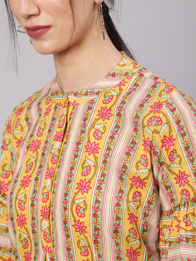 Yellow Floral Print Tunic With Bell Sleeve