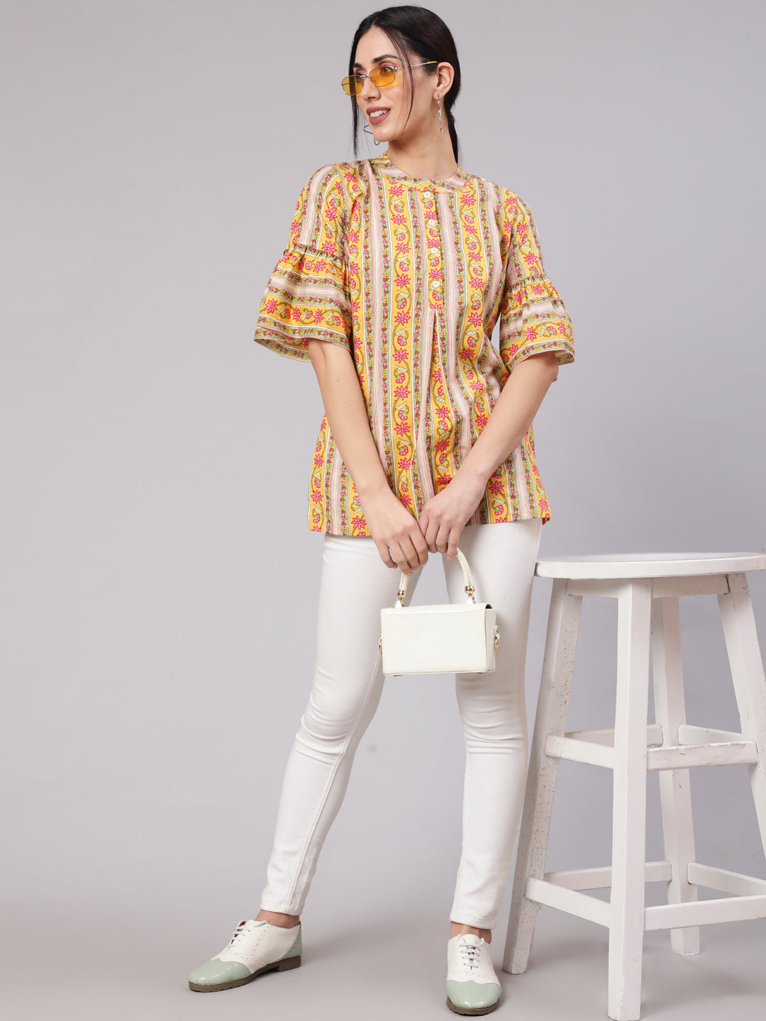 Yellow Floral Print Tunic With Bell Sleeve