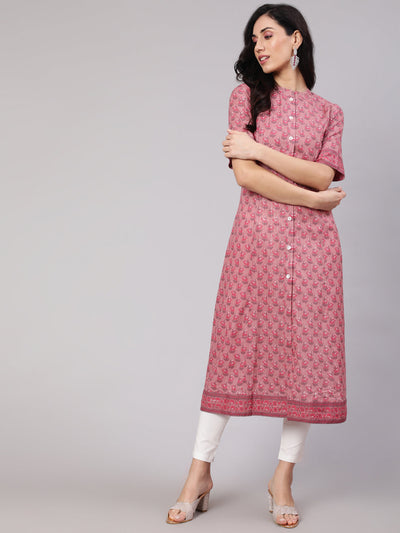 Pink Floral Print Button Down Kurta