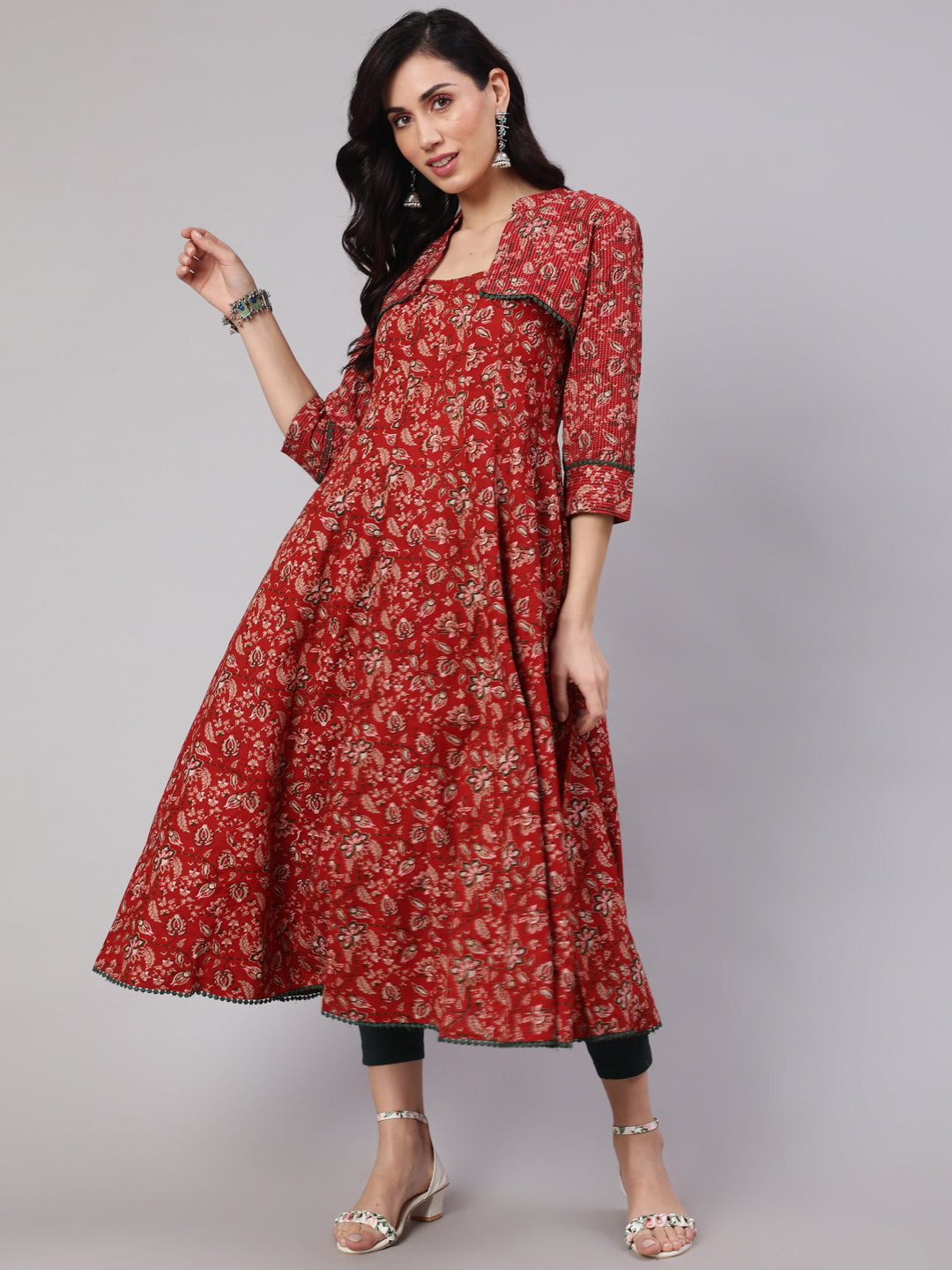 Red Floral Print Flared Anarkali With Crop Jacket