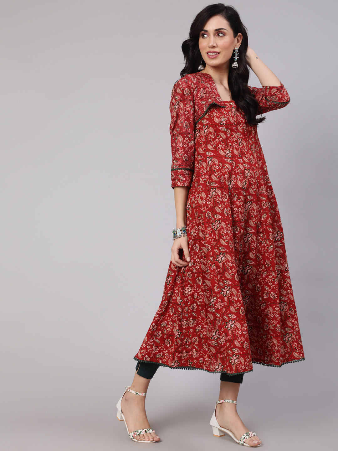 Red Floral Print Flared Anarkali With Crop Jacket