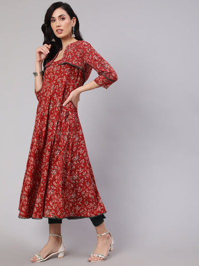 Red Floral Print Flared Anarkali With Crop Jacket