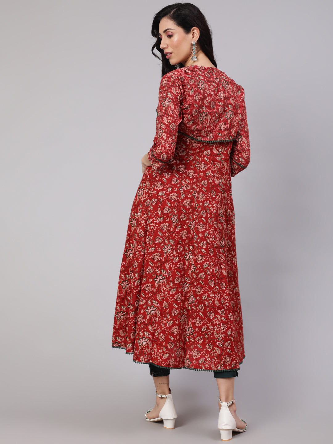 Red Floral Print Flared Anarkali With Crop Jacket