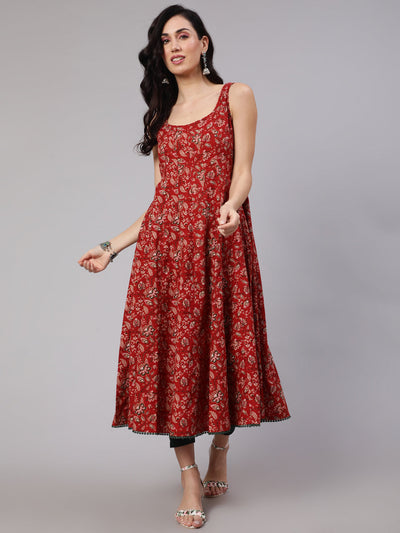 Red Floral Print Flared Anarkali With Crop Jacket