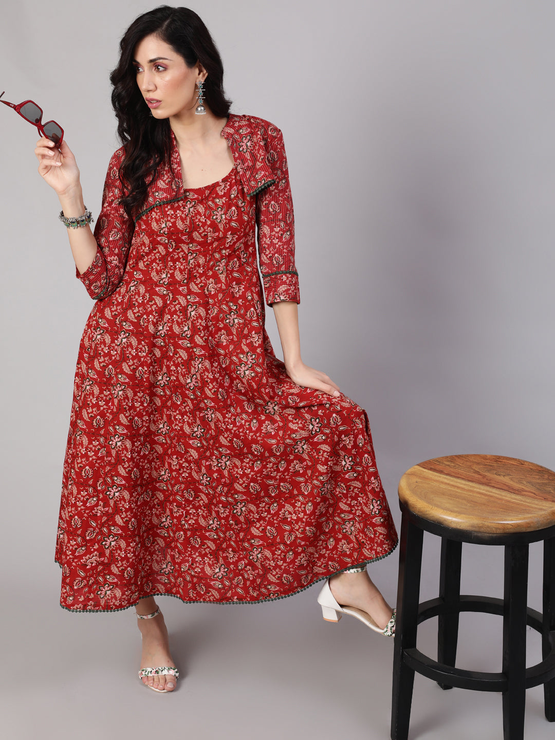 Red Floral Print Flared Anarkali With Crop Jacket