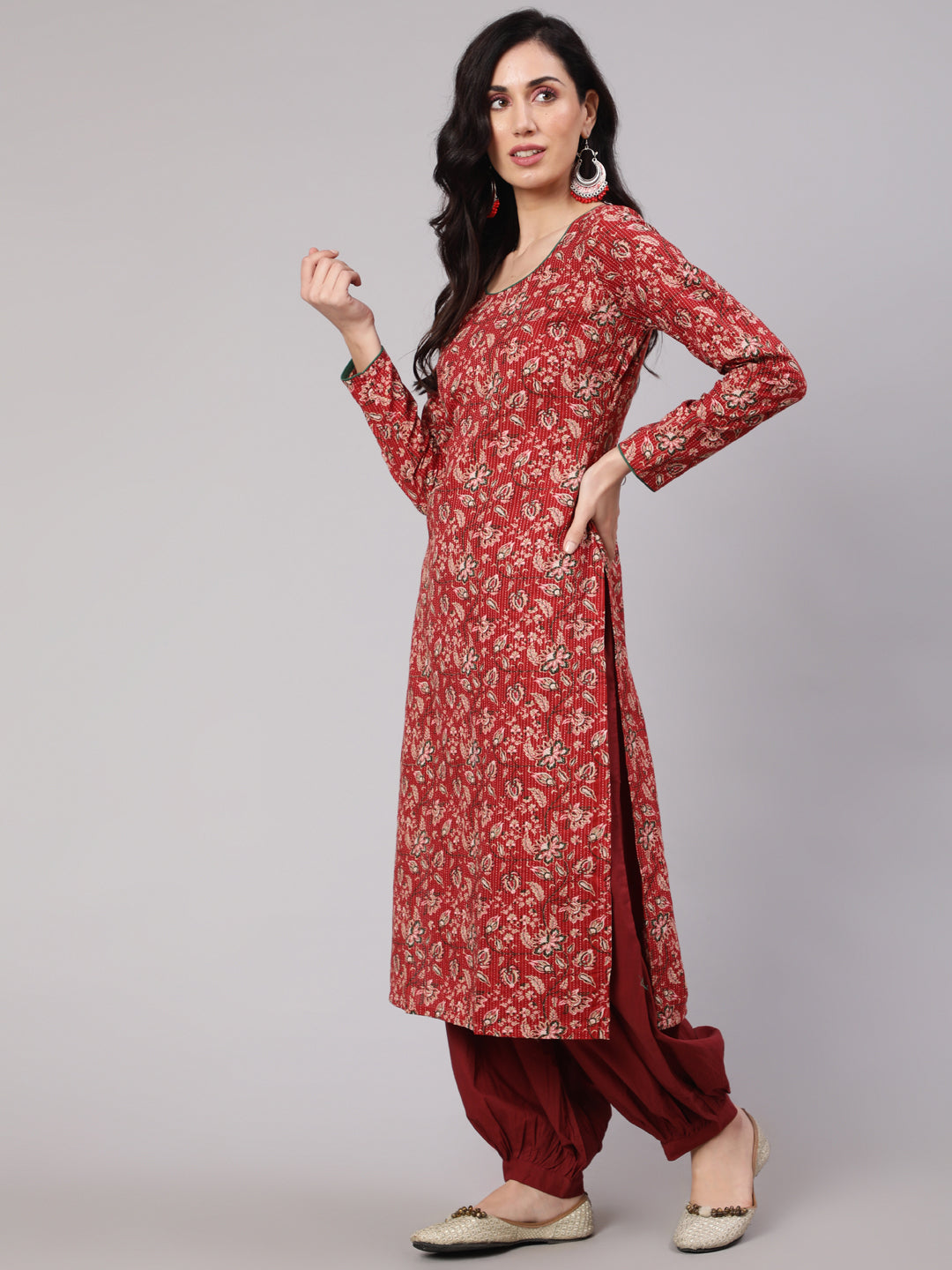 Red Floral Print Kantha Work Kurta