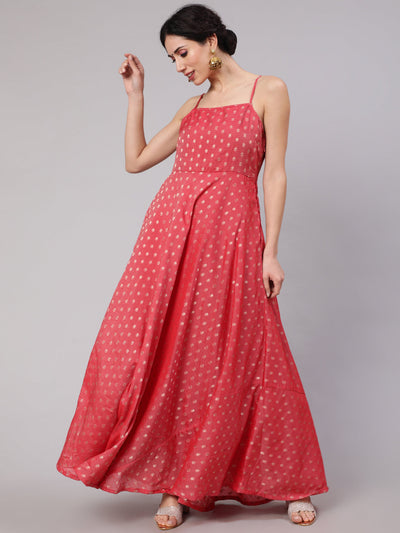 Red Woven Design Flared Maxi Dress
