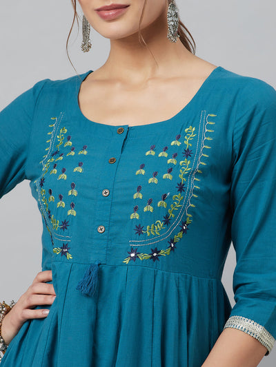 Blue Yoke Embroidered Dress With Dupatta