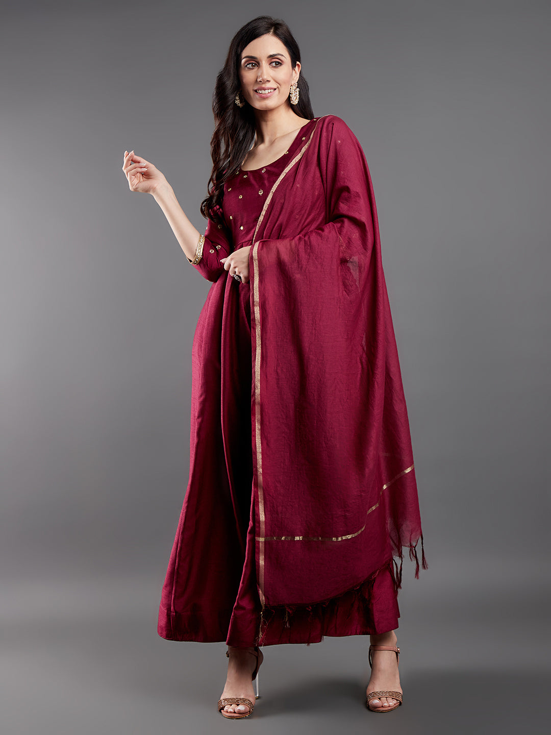 Burgundy Embroidered Maxi Dress With Dupatta